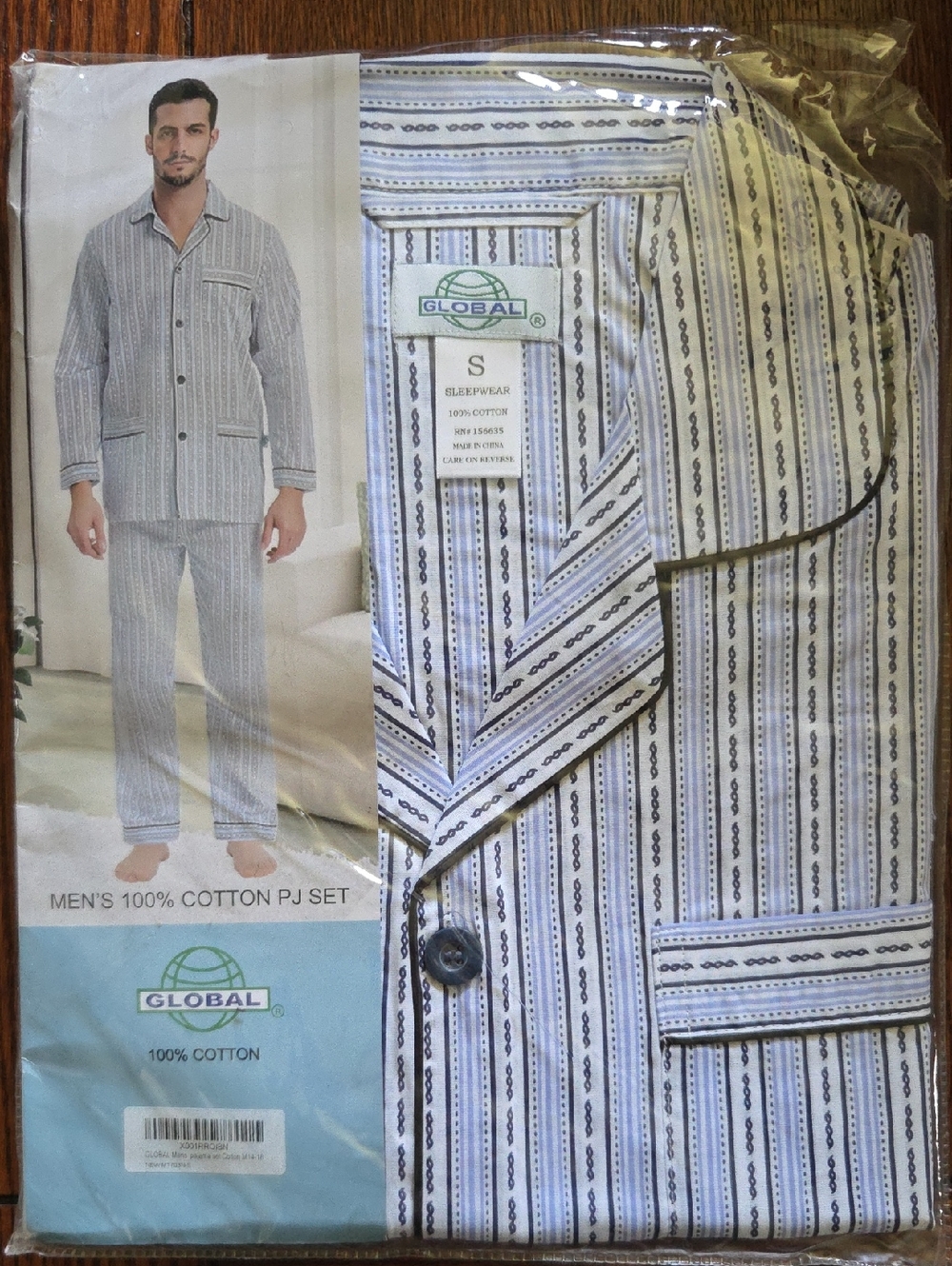 GLOBAL Men's Cotton Pajama Set - Blue & White Striped